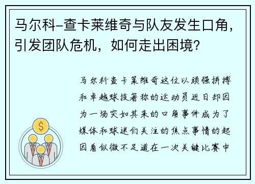马尔科-查卡莱维奇与队友发生口角，引发团队危机，如何走出困境？