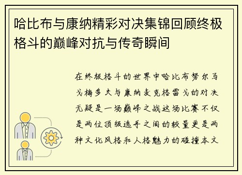 哈比布与康纳精彩对决集锦回顾终极格斗的巅峰对抗与传奇瞬间