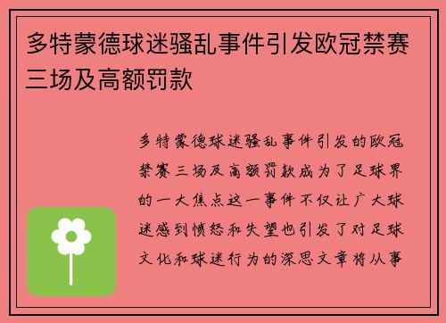 多特蒙德球迷骚乱事件引发欧冠禁赛三场及高额罚款