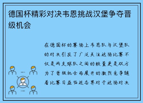 德国杯精彩对决韦恩挑战汉堡争夺晋级机会
